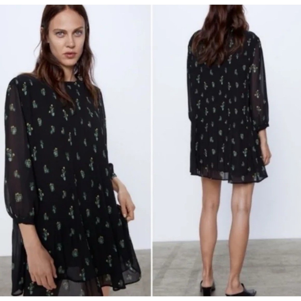 Zara Women's Annie Shift‎ Black Dress Cactus Print 2X